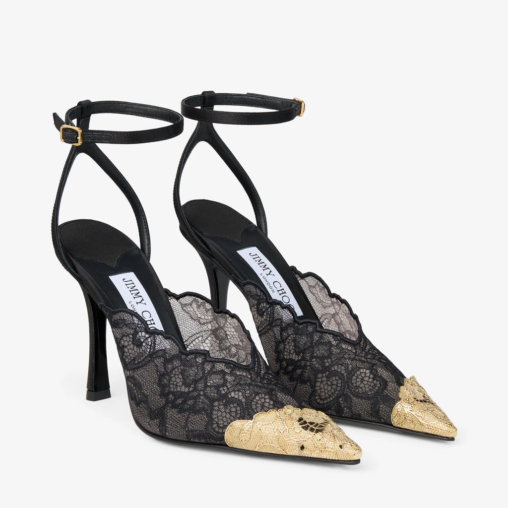 JIMMY CHOO   Faiz 100 Black Jimmy Choo Lace Pumps with Metal Lace Detail