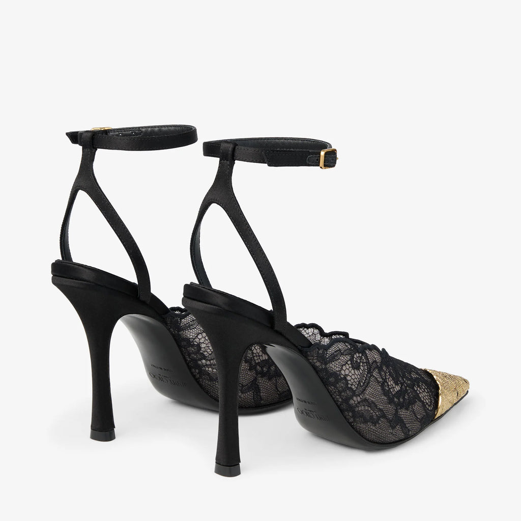 JIMMY CHOO   Faiz 100 Black Jimmy Choo Lace Pumps with Metal Lace Detail