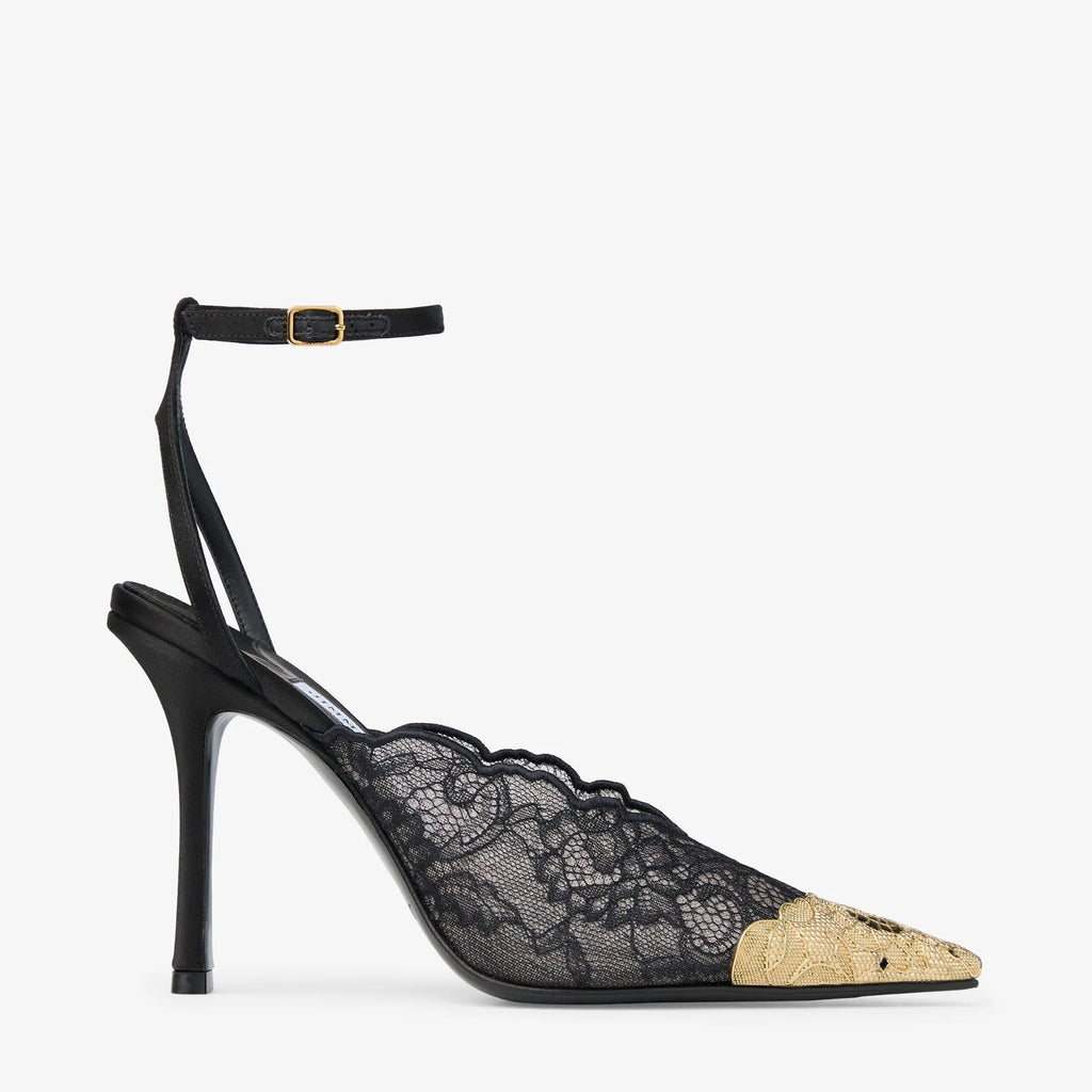 JIMMY CHOO   Faiz 100 Black Jimmy Choo Lace Pumps with Metal Lace Detail
