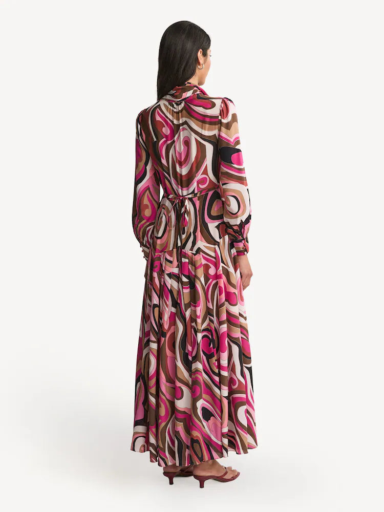 Marigold Silk Midi Dress in the Marble Pink print