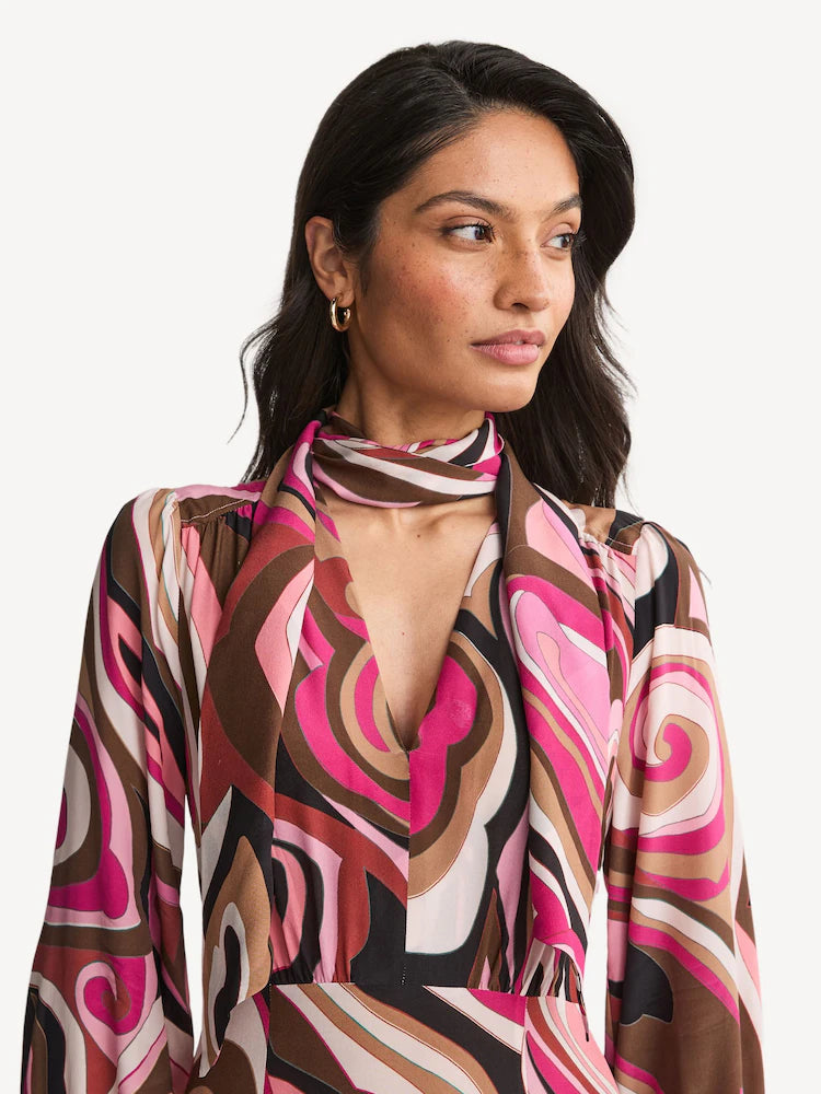 Marigold Silk Midi Dress in the Marble Pink print