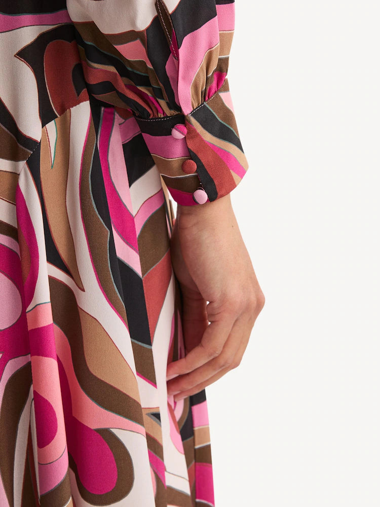 Marigold Silk Midi Dress in the Marble Pink print