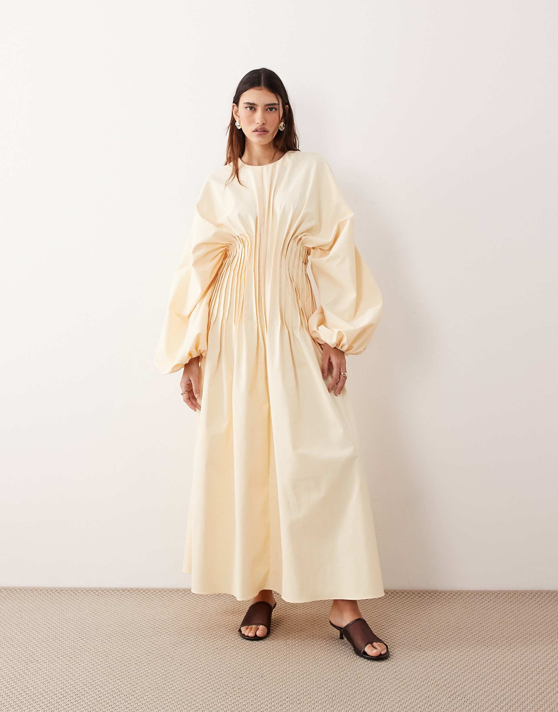 Pleated waist long sleeve maxi dress