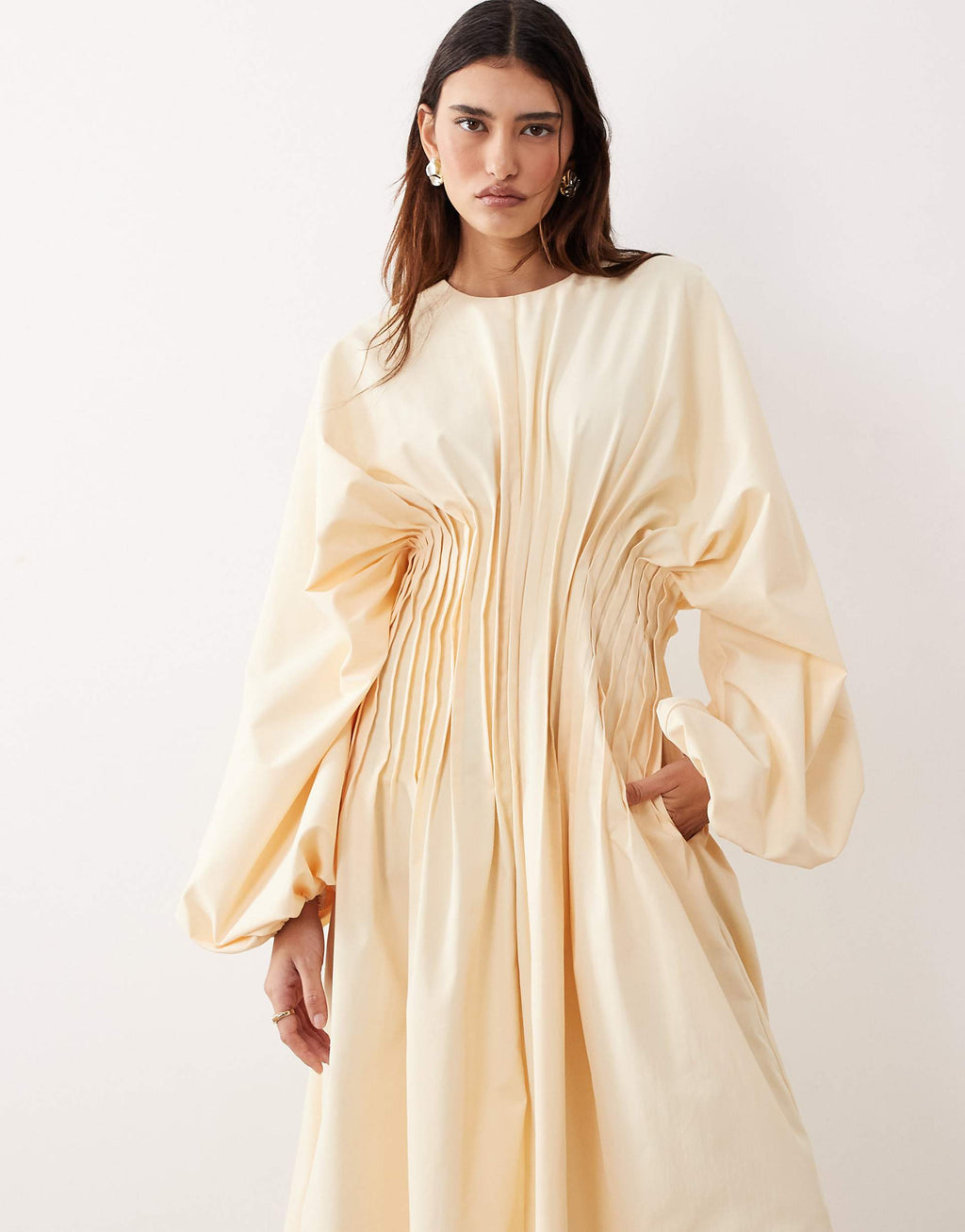 Pleated waist long sleeve maxi dress