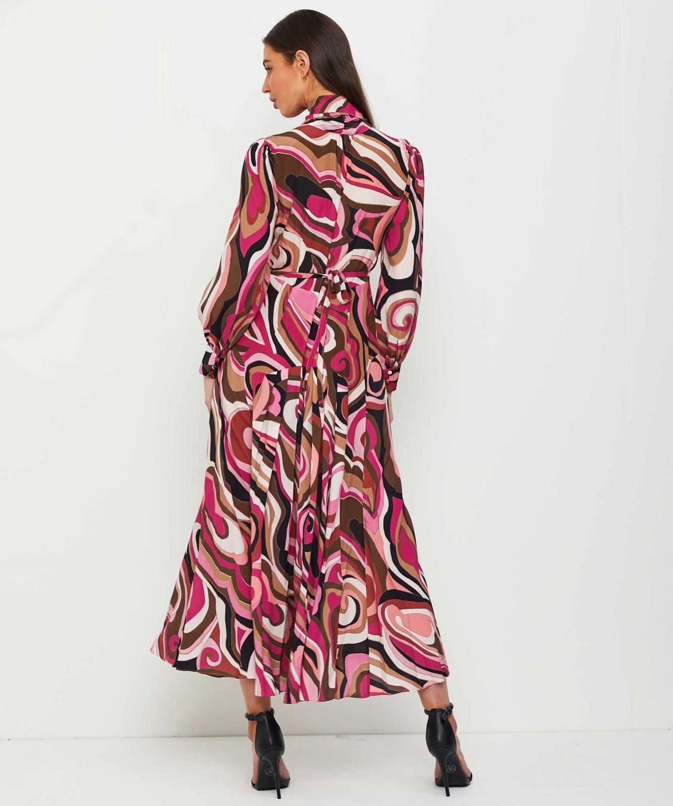 Marigold Silk Midi Dress in the Marble Pink print