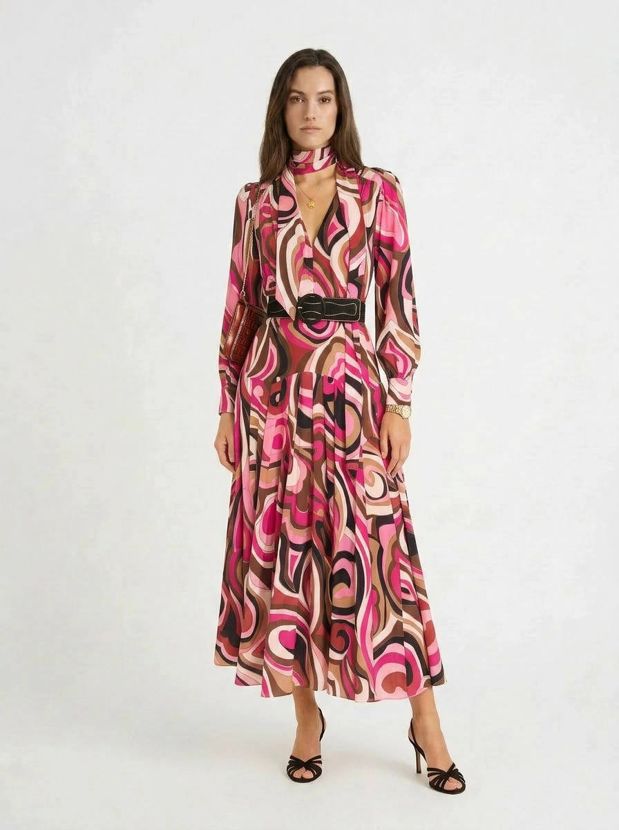 Marigold Silk Midi Dress in the Marble Pink print