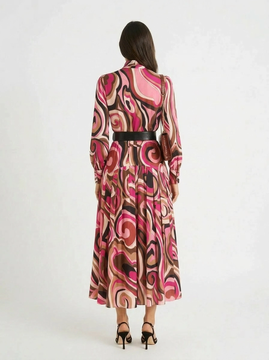 Marigold Silk Midi Dress in the Marble Pink print