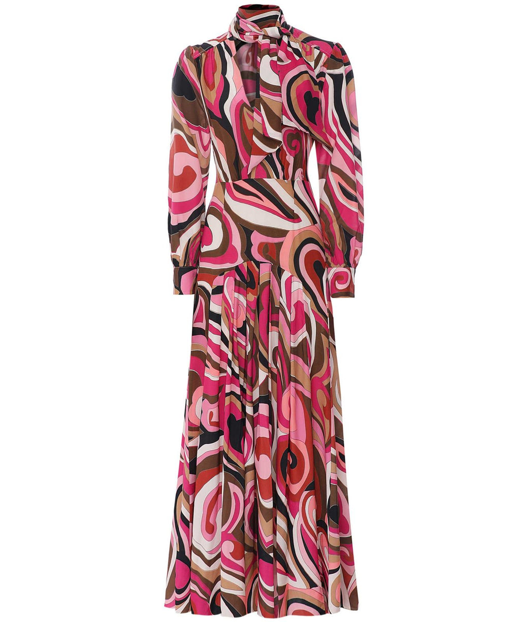 Marigold Silk Midi Dress in the Marble Pink print