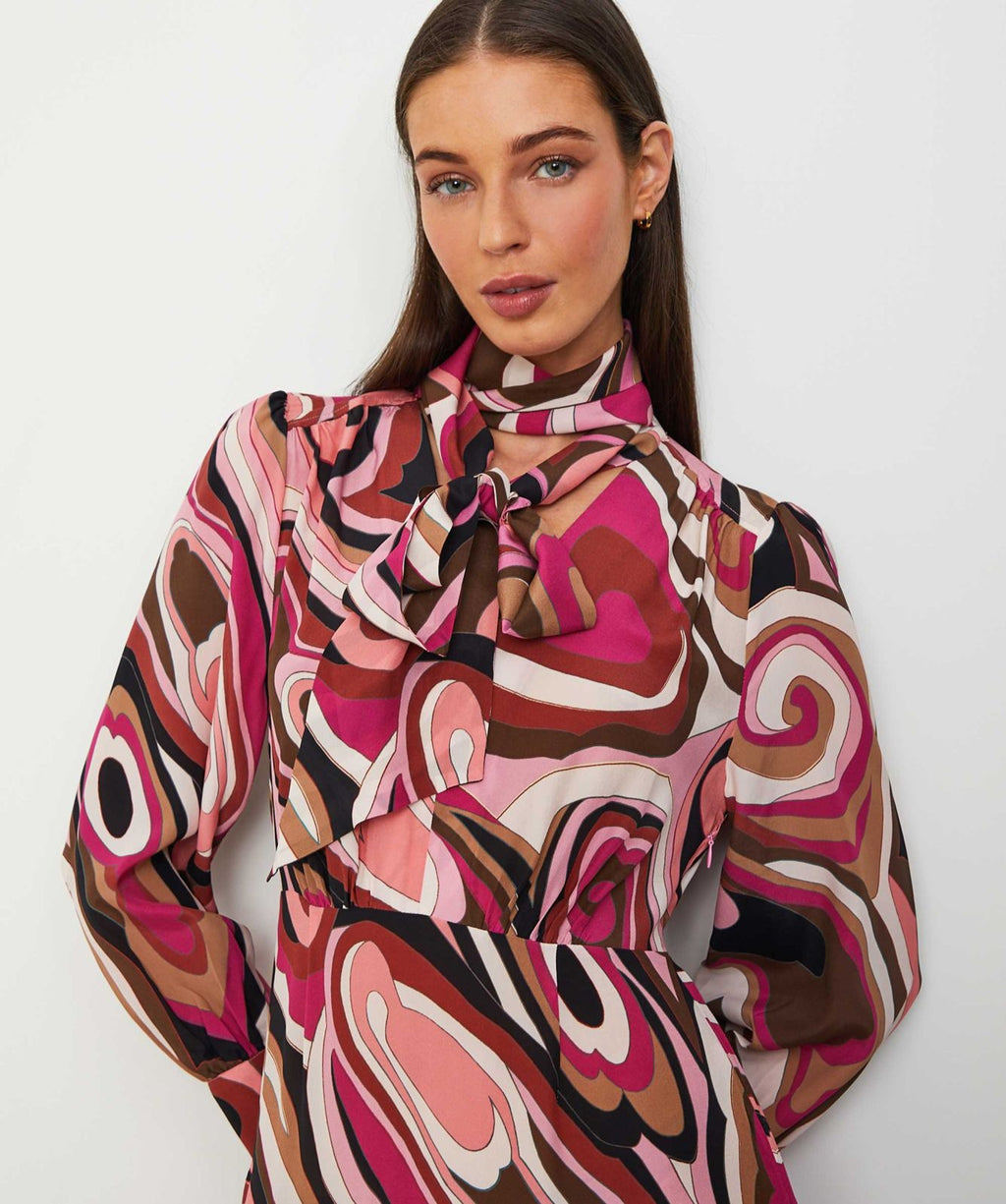 Marigold Silk Midi Dress in the Marble Pink print