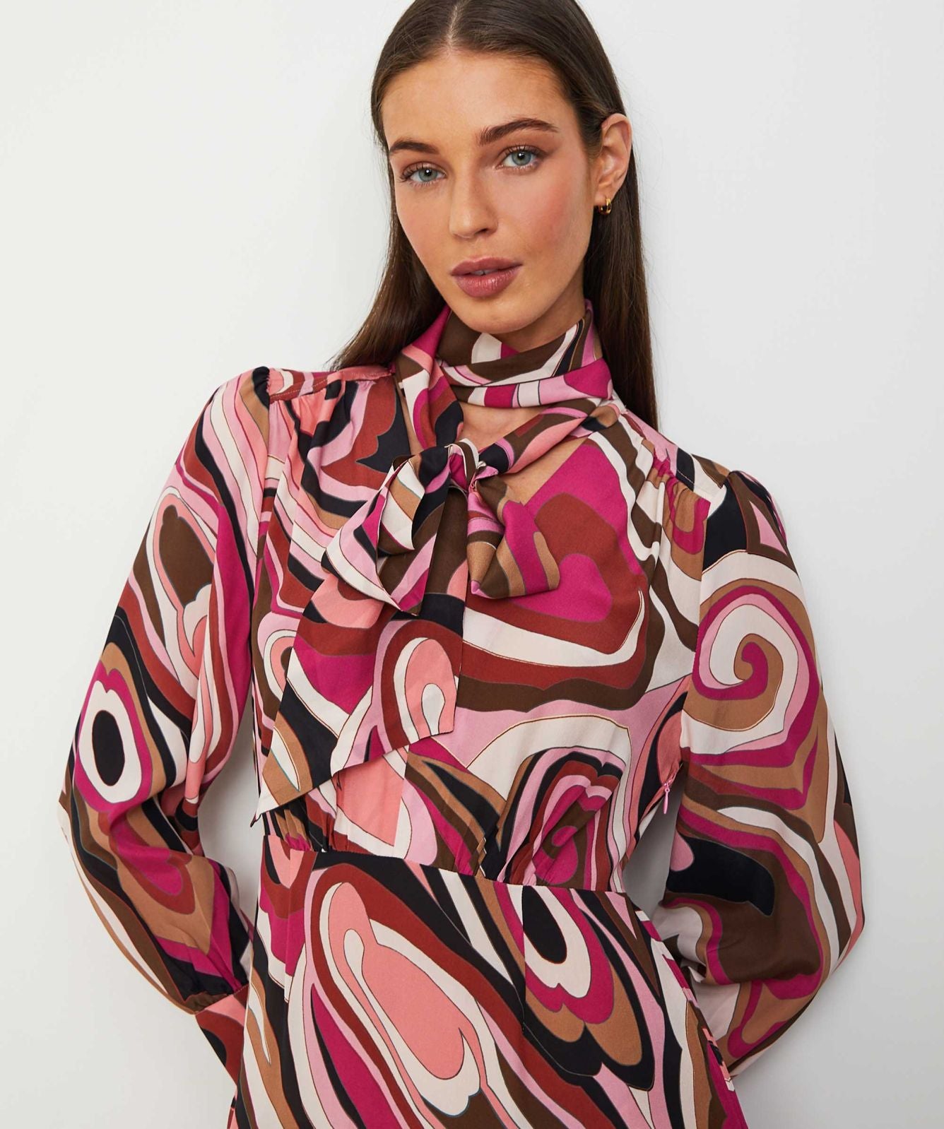 Marigold Silk Midi Dress in the Marble Pink print