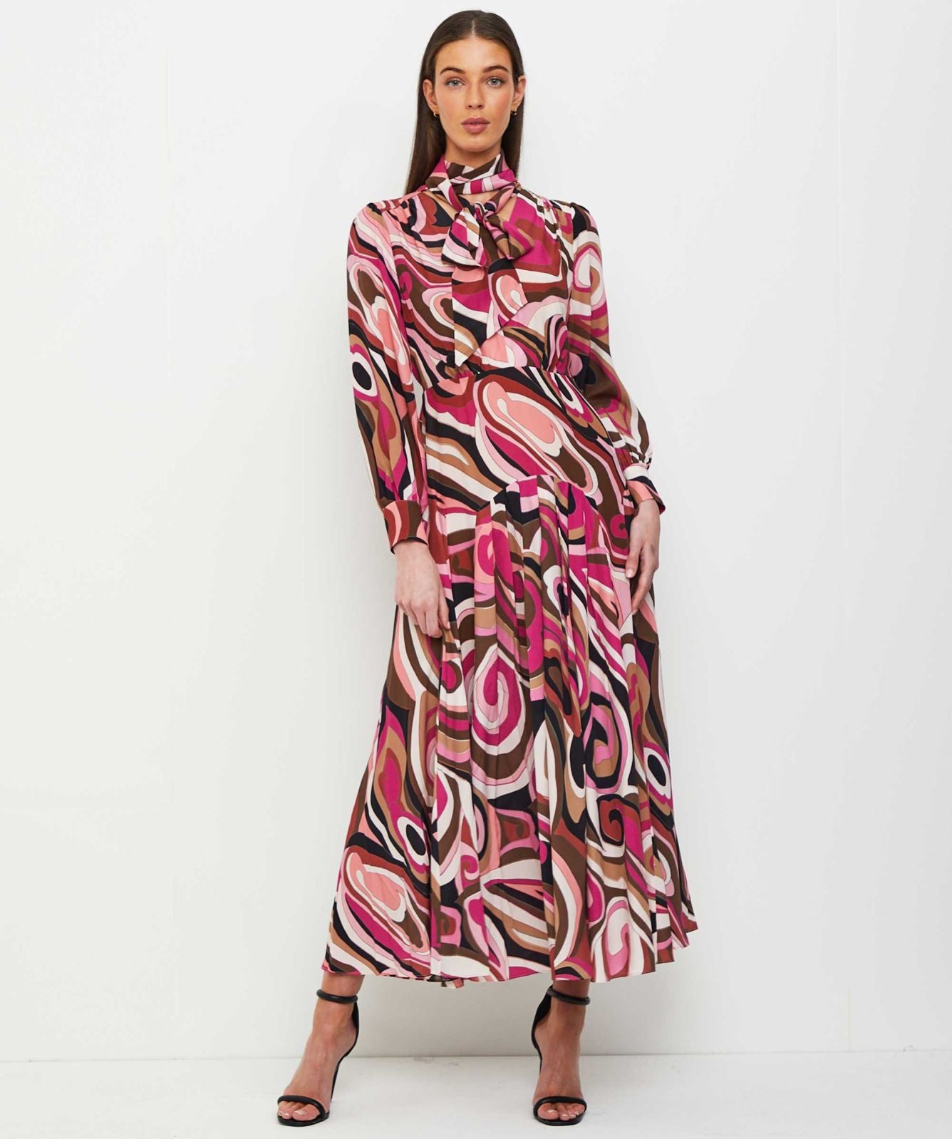 Marigold Silk Midi Dress in the Marble Pink print